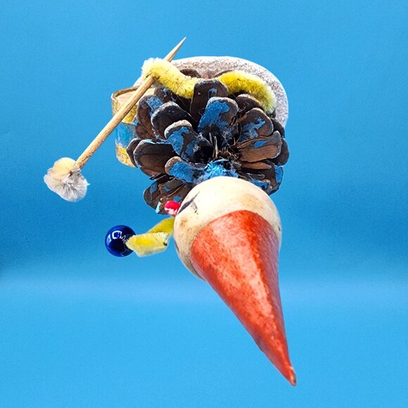 Vintage Bobblehead Elf Japan Pinecone Spun Cotton Foil Horn Mercury Glass 1950s - Picture 9 of 10